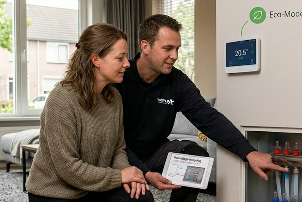 Adviseur van Triple A Verwarming geeft uitleg over vloerverwarming en lagere stookkosten in een woning