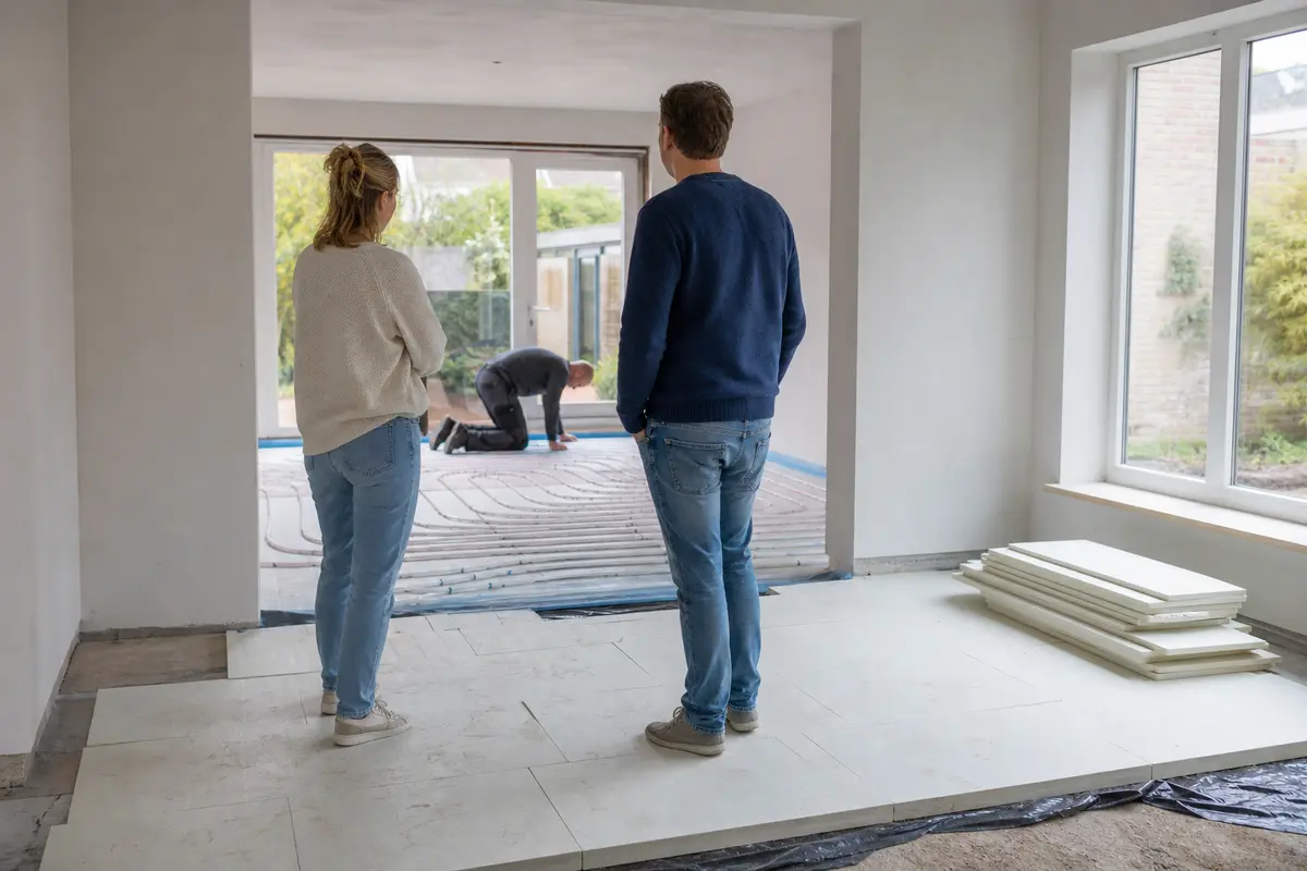 Installateur legt isolatie vloerverwarming aan in een Nederlandse woning met twee bewoners op afstand