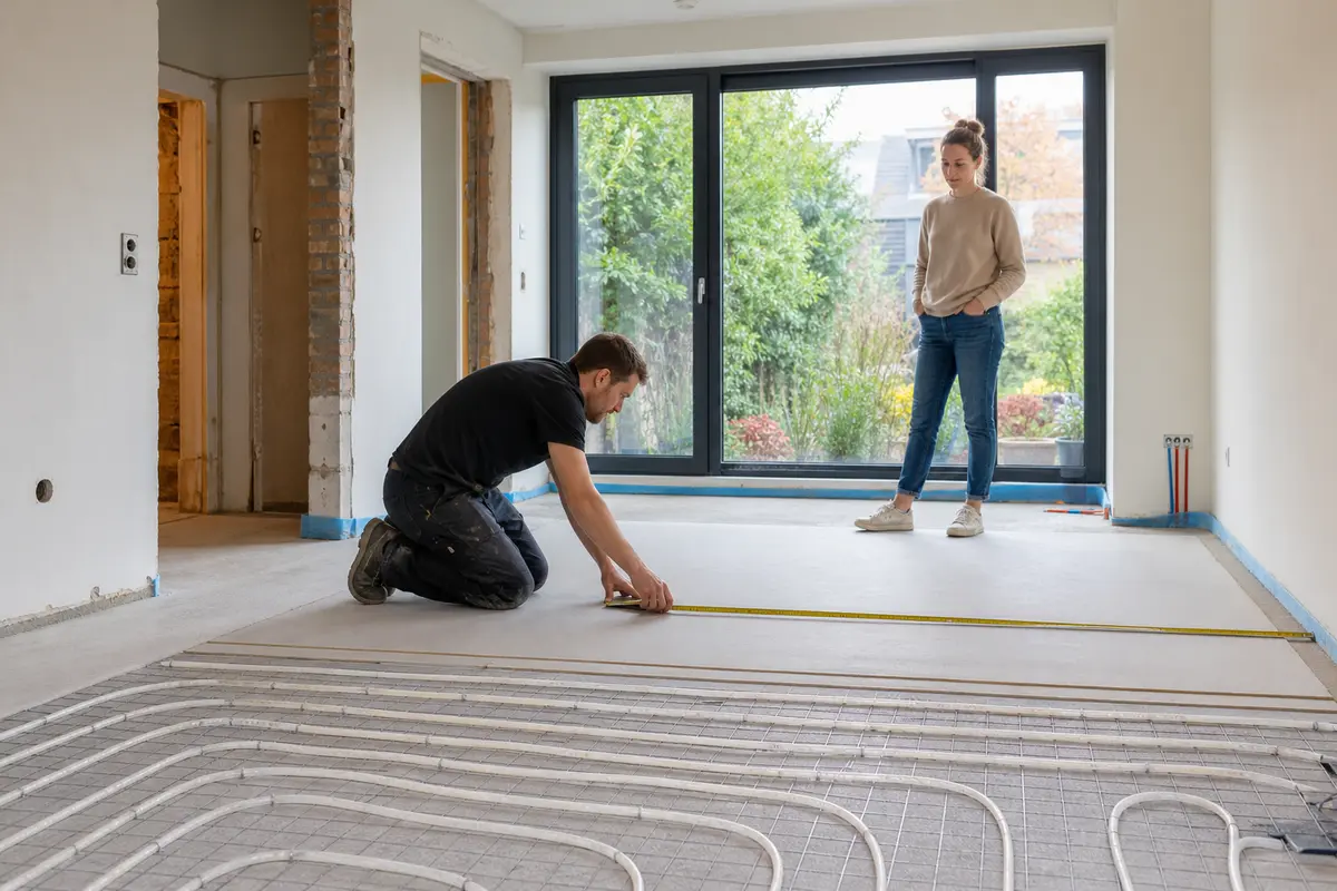 Installateur meet opbouwhoogte vloerverwarming in een verbouwde woning
