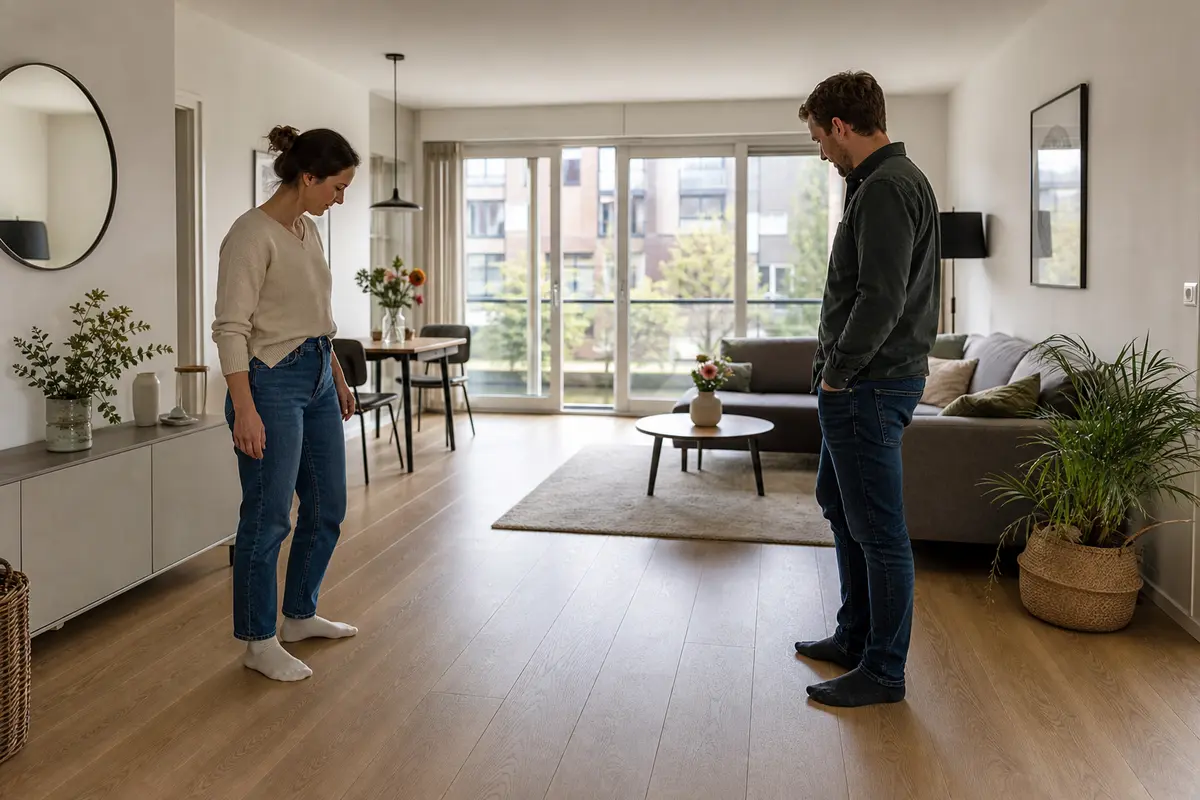 Bewoners in een appartement bespreken vloerverwarming appartement in een modern interieur