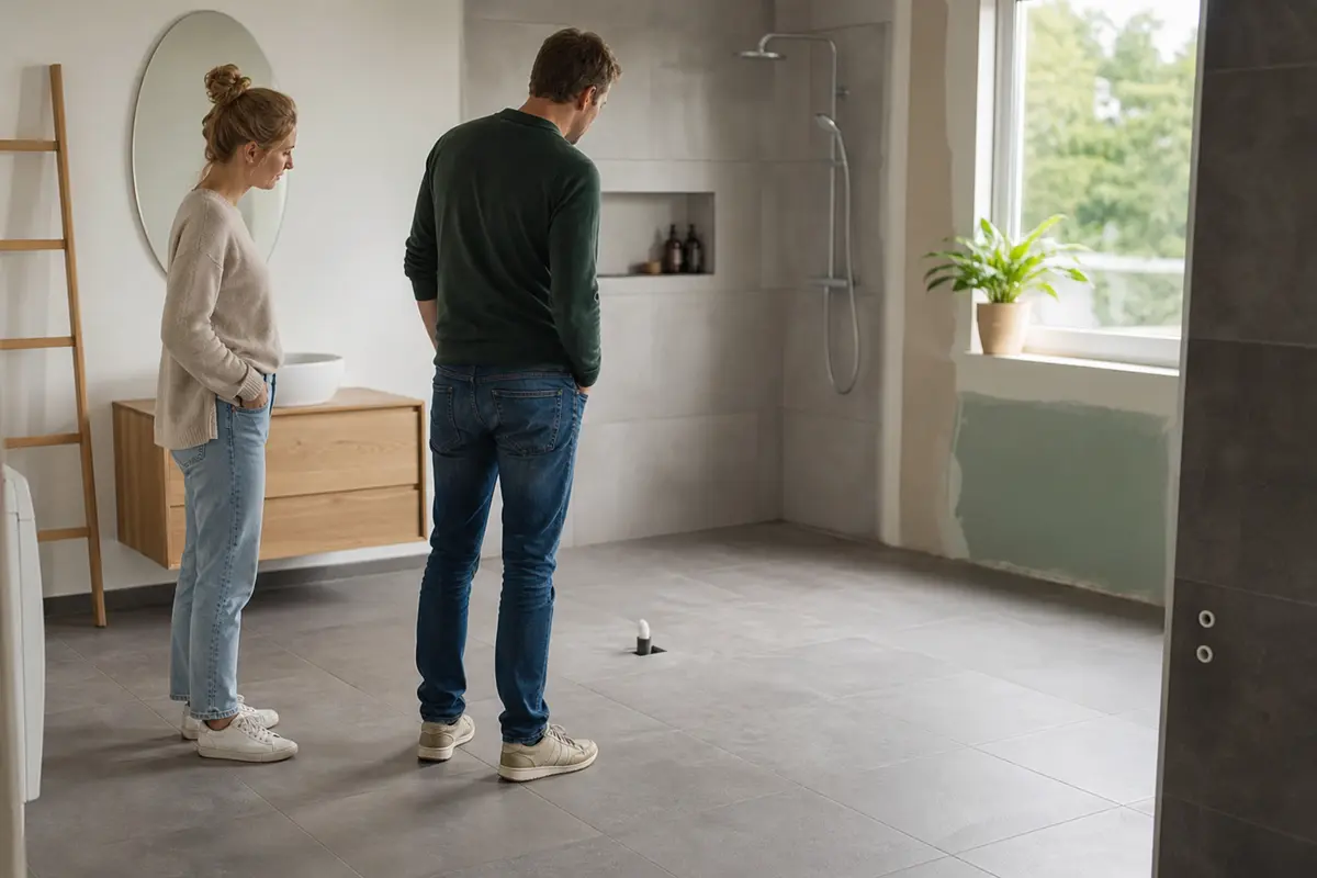 Vloerverwarming badkamer in een moderne badkamer tijdens renovatie met twee bewoners