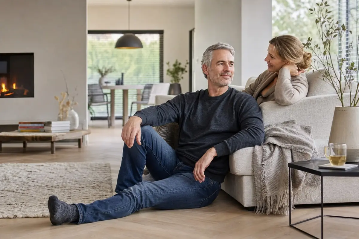 Vloerverwarming instellen in een modern Nederlands interieur met bewoners die comfortabel zitten