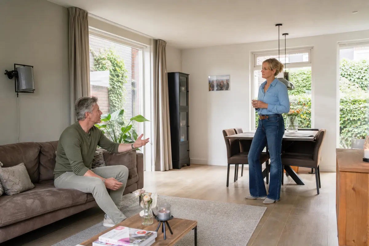 Vloerverwarming of radiatoren in een Nederlandse woonkamer met bewoners die rustig een keuze bespreken