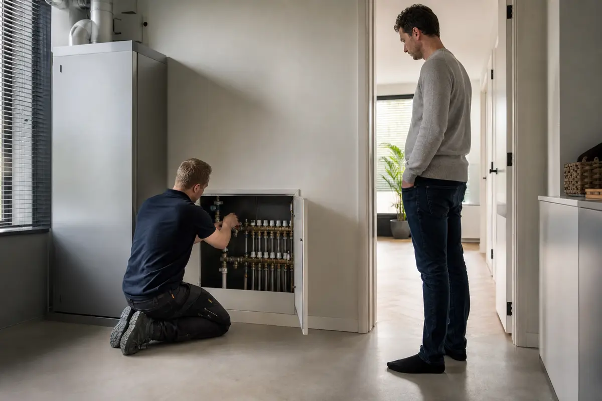 Installateur ontlucht vloerverwarming bij de verdeler in een Nederlandse woning