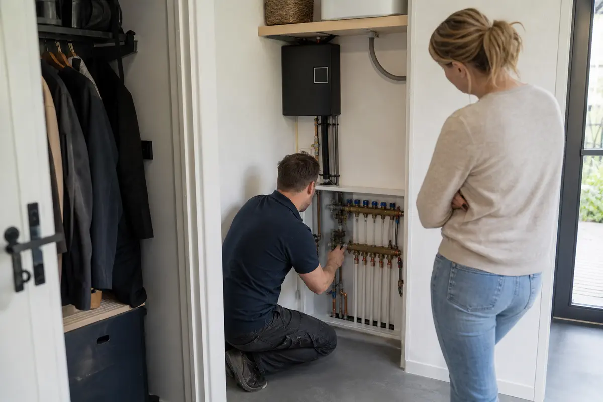 Installateur en bewoner bij een vloerverwarming verdeler in een technische ruimte