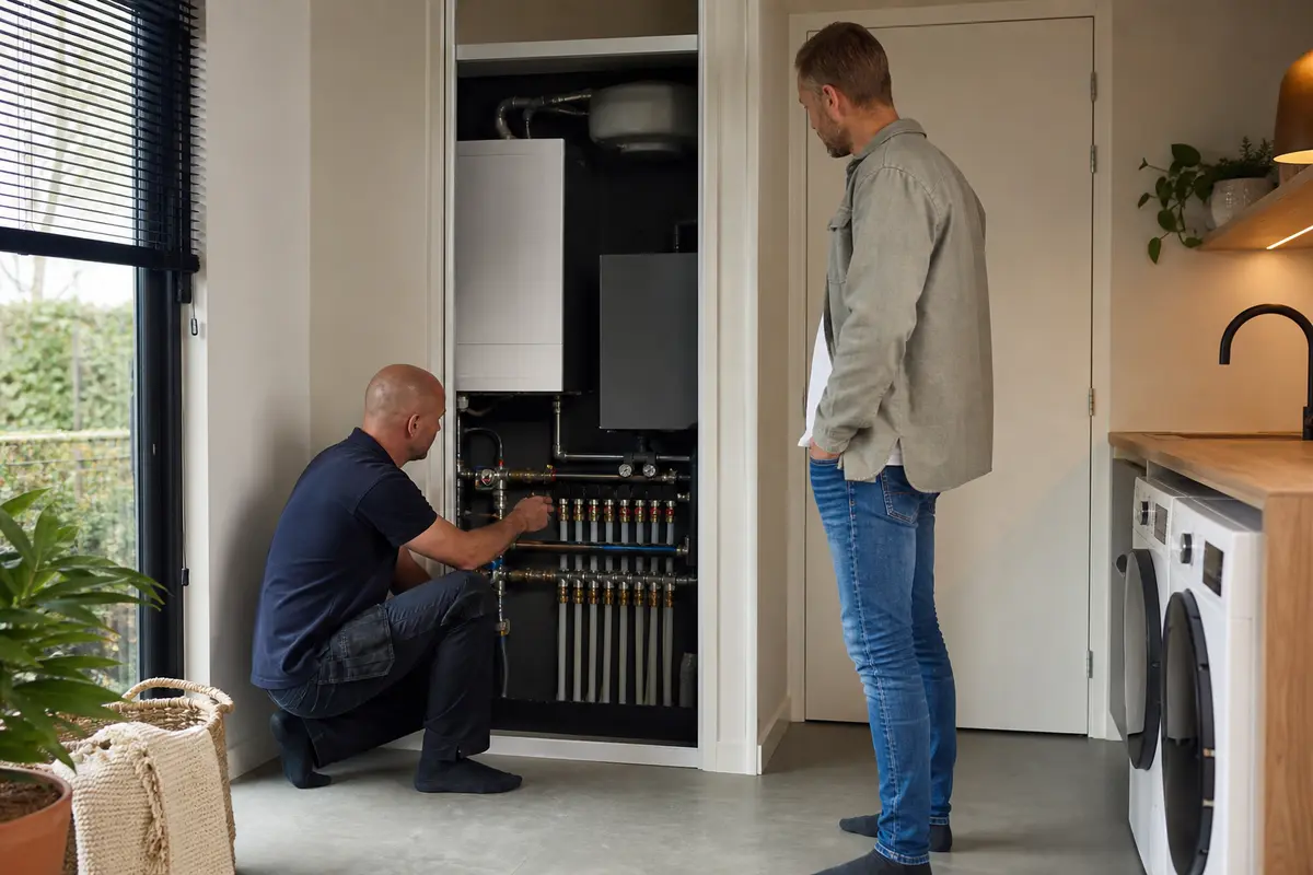 Vloerverwarming wordt niet warm en een installateur controleert de verdeler in een technische ruimte